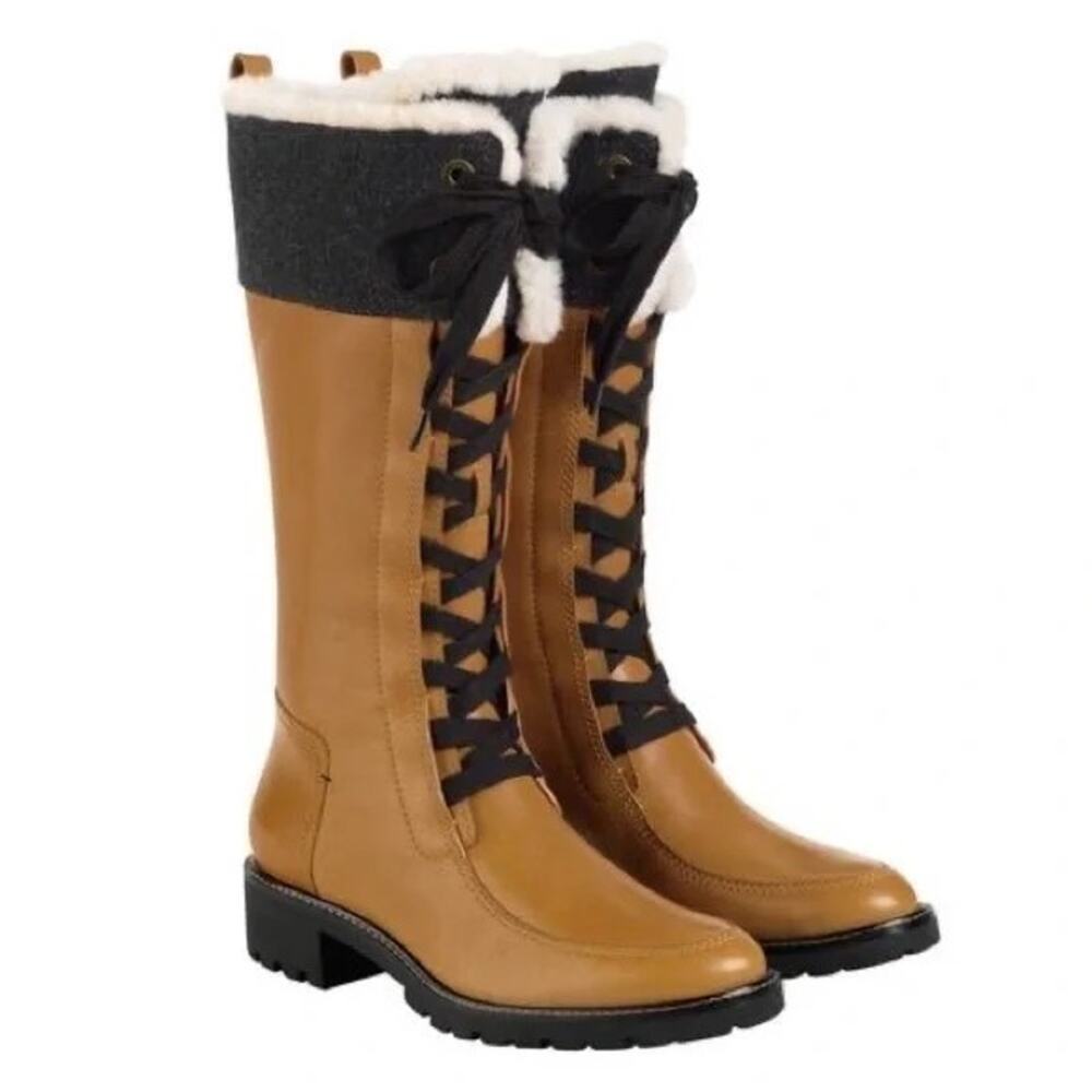 Cole Haan Henson Tall Leather Boots Camel Sherling Lace Up Lug Sole Size 6B